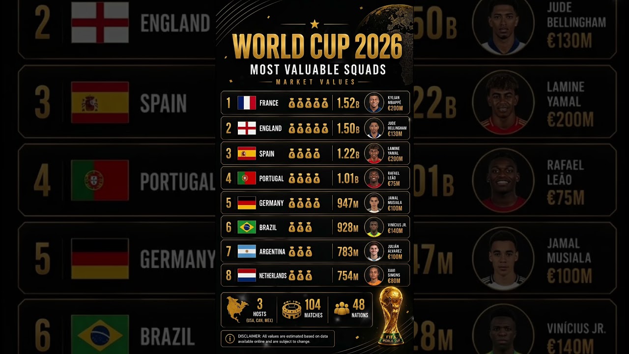 Most Valuable squads heading into FIFA World Cup 2026 ?! 🇫🇷🏴󠁧󠁢󠁥󠁮󠁧󠁿