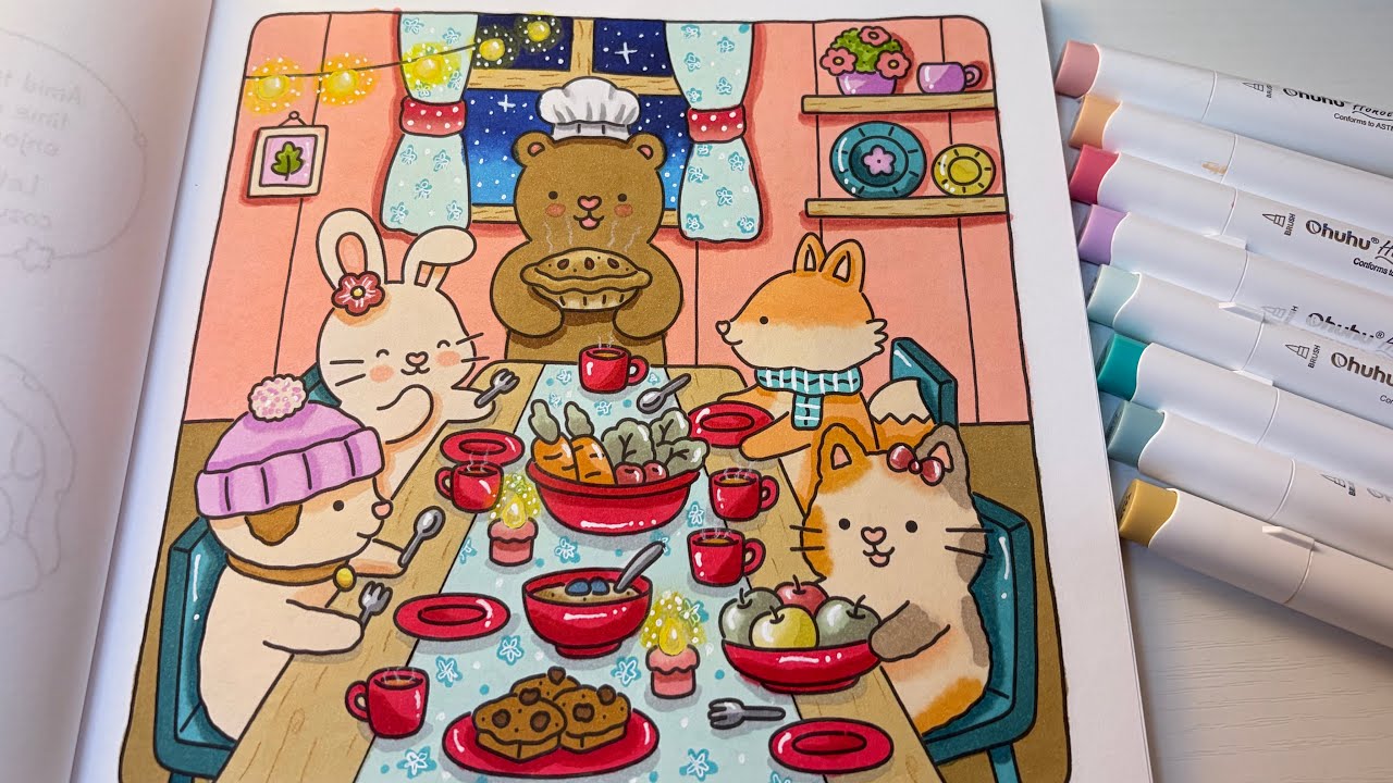 Hygge Dinner Party 🧡🐻 Color With Me | Fuzzy Hygge by Vivi Tinta | Ohuhu Markers