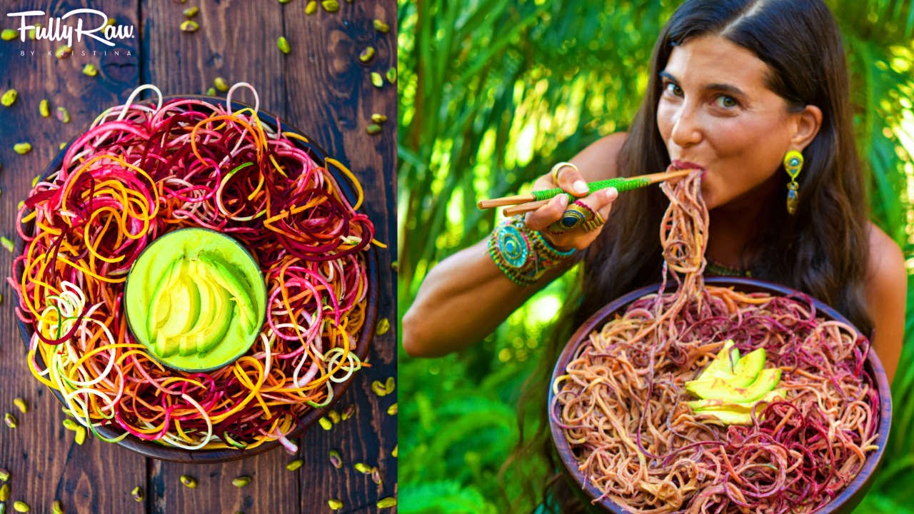 FullyRaw Rainbow Pasta with Creamy Avocado Mango Pistachio Dressing!