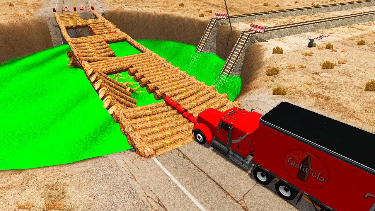 Cars vs Log Bridge and Huge Acid Pit - BeamNG.Drive