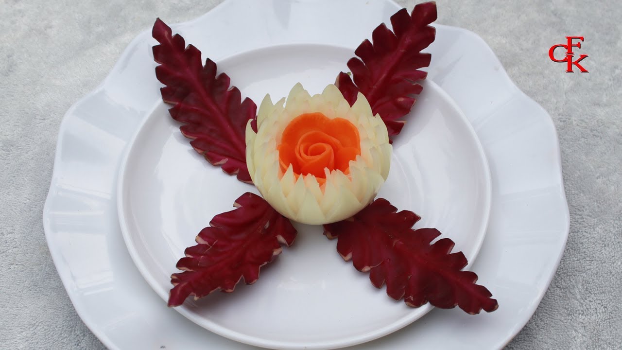 Making Vegetable Flowers | Onion Lotus Carved with Carrot Flower |  By Chansok Fruit Art