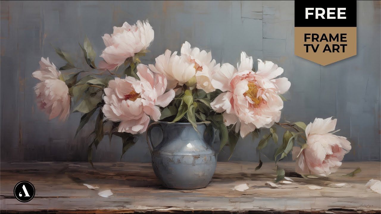 Spring Frame TV Art  ★ Vintage Pink Peonies in Blue Vase Oil Painting ★ 4K Floral Still Life