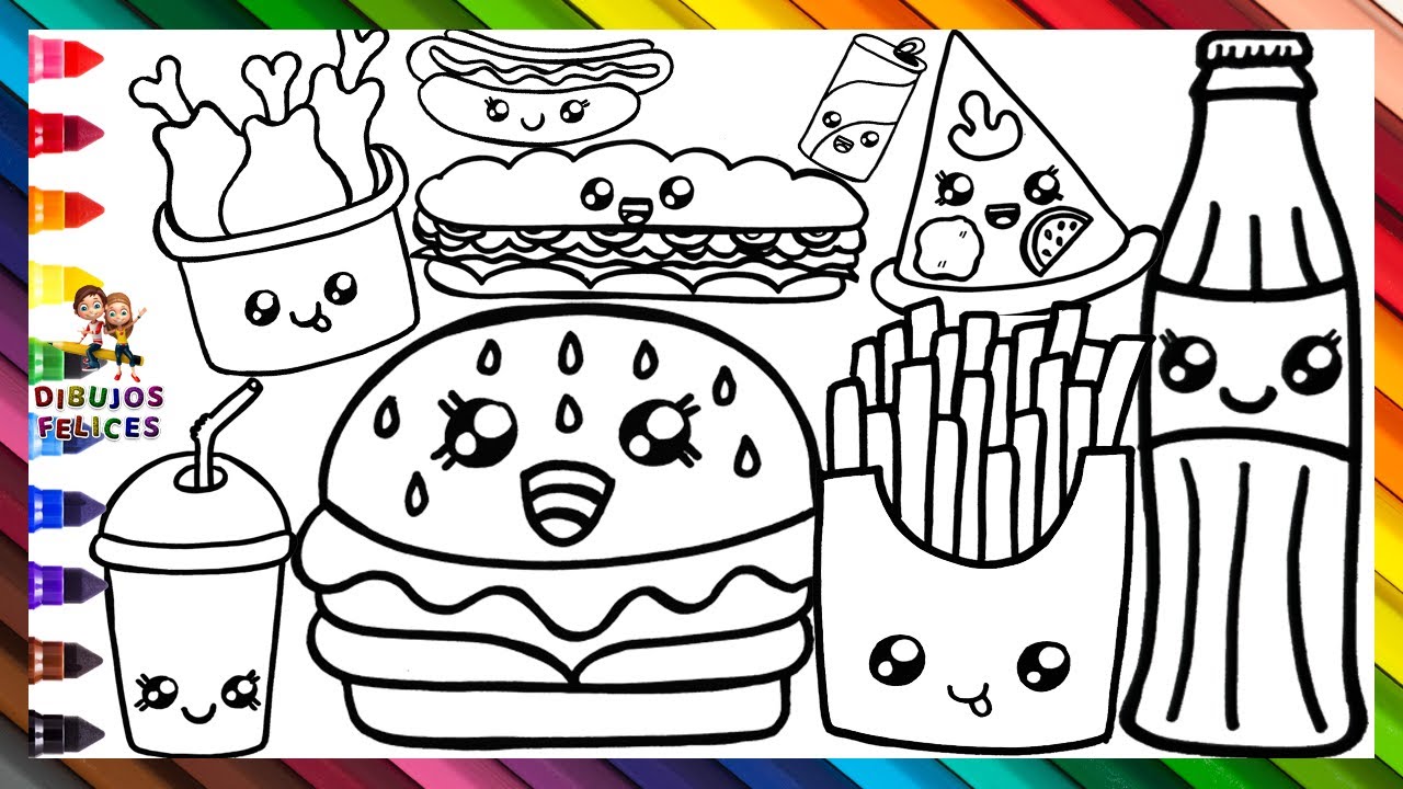 Dibuja y Colorea Comida Rapida 🍔🥤🌭🍕🥪🍗 Dibujo De Hamburguesa, Coca Cola, Perro Caliente, Pizza Y Más
