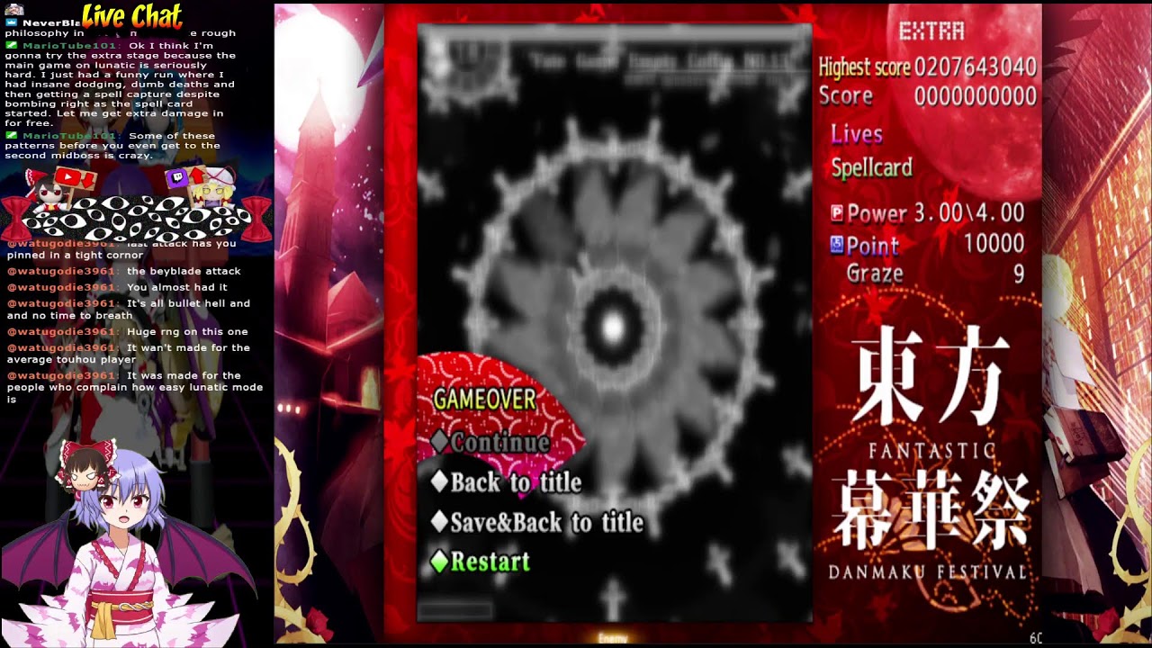 Touhou games stream 18. (Various itch.io fangames, and FDF1 Extra Practice.)