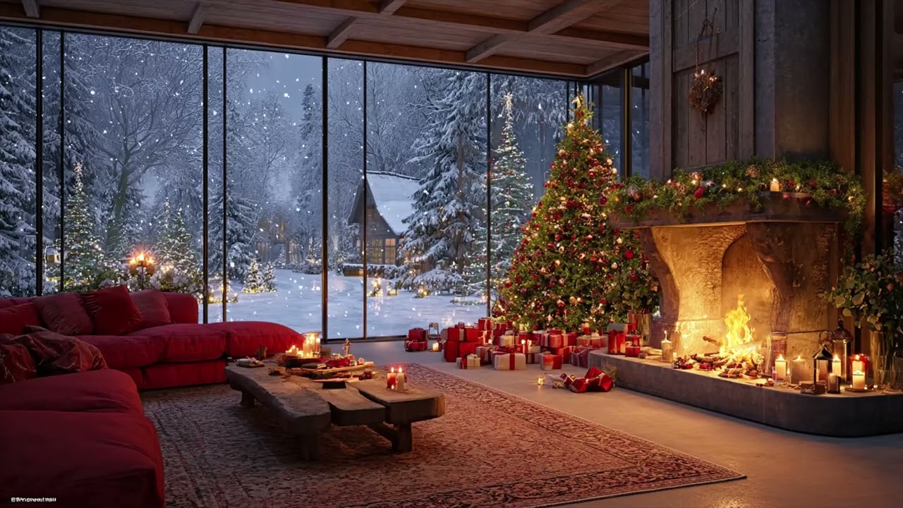 Cozy Winter Cabin Night ☃️ Fireplace Ambience, Soft Snowfall & Jazz for Deep Restful Sleep