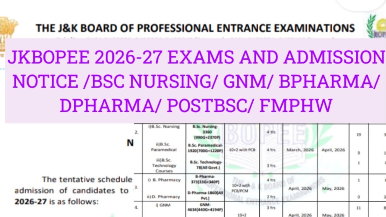 Jkbopee 2026-27 Admission and Exam Notice||Bsc Nursing/GNM/BPHARMA/Dpharma/post-bsc/fmphw/Paramedica