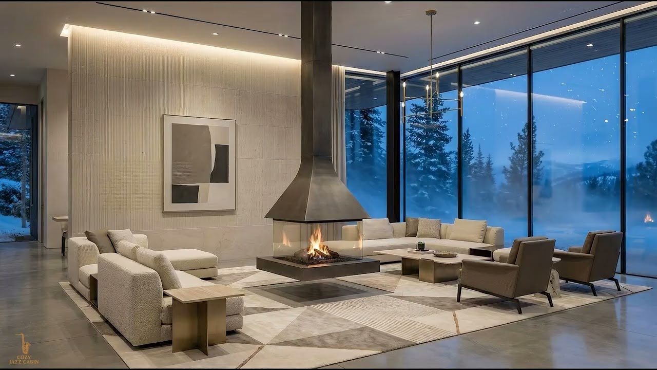 4K Midnight Winter Saxophone ~ Cozy Cabin Fireplace & Candlelight Jazz for Relax & Study