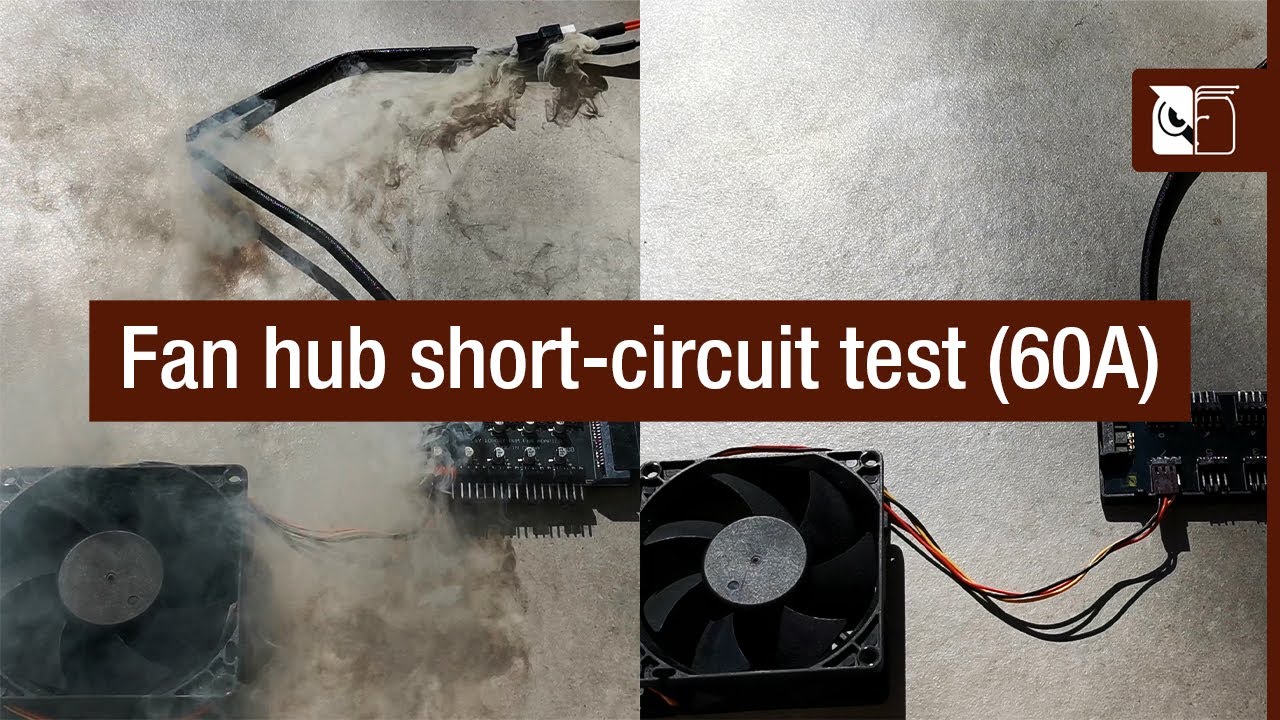 Fan hub short-circuit test (Noctua NA-FH1 vs. unprotected fan hub)