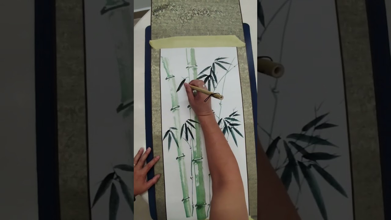 Chinese Green Bamboo Painting on Scroll
