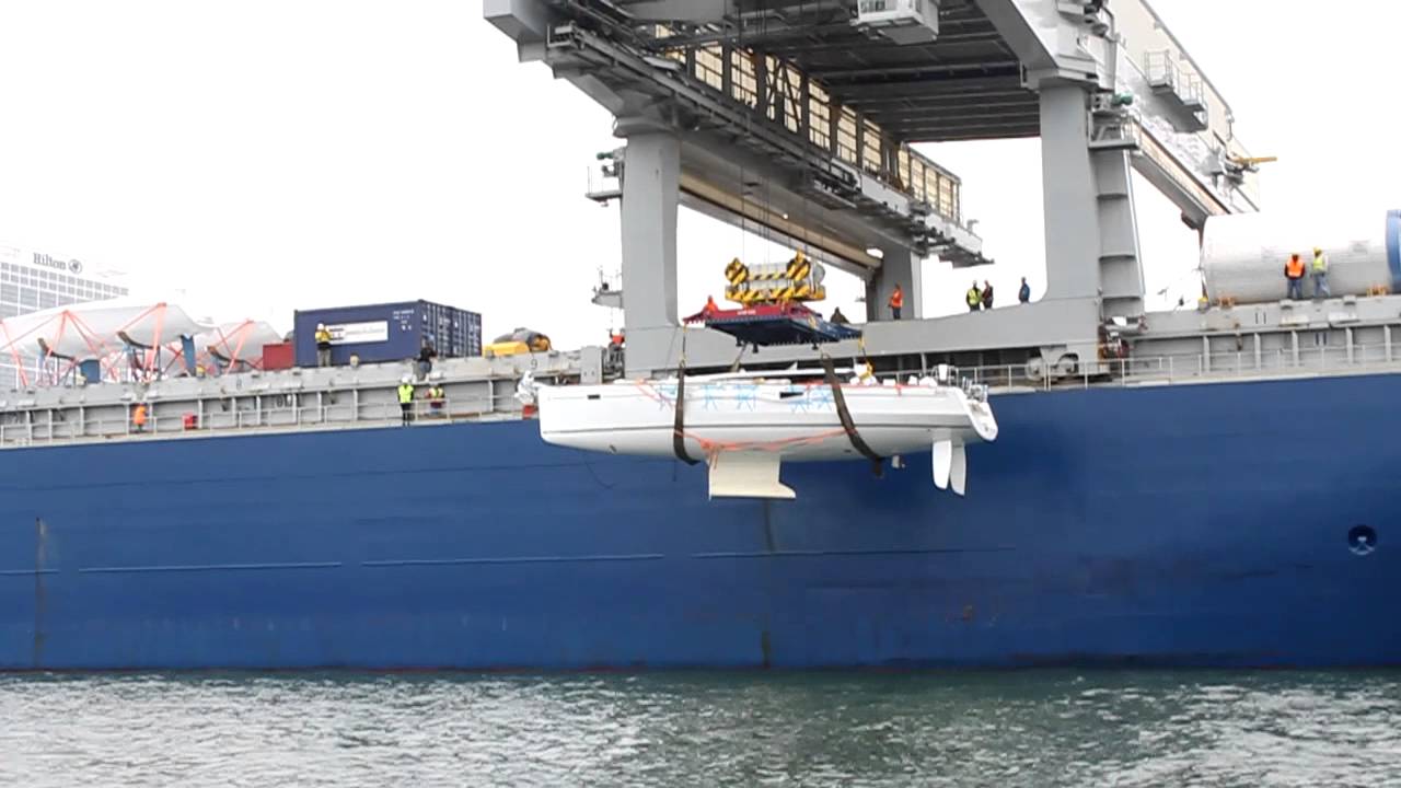 Beneteau Sense 50 Offloading from the ship in San Diego