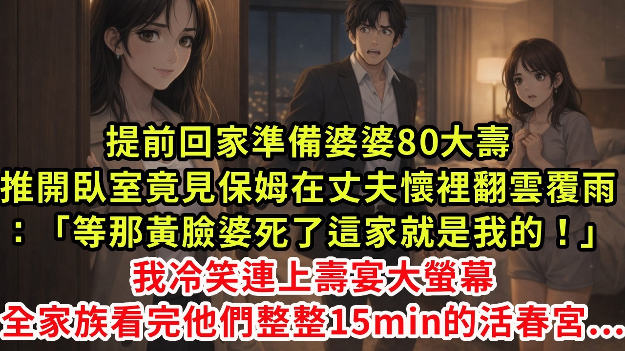 提前回家準備婆婆80大壽，推開臥室竟見保姆在丈夫懷裡翻雲覆雨：「等那黃臉婆死了，這家就是我的！」我冷笑連上壽宴大螢幕，全家族看完他們整整15min的活春宮...