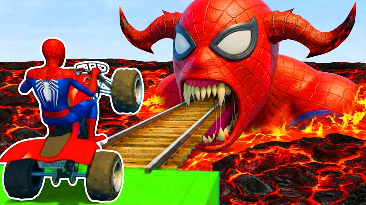 سبايدر مان اصعب دراجة نارية فوق اسماك القرش - Superheroes Ride on Motorcycle Stunt Funny Moments??