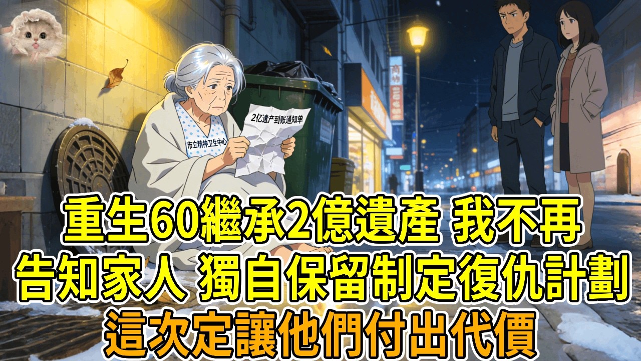 上一世，我60歲大壽當天獲2億遺產，本以為苦盡甘來。可3個月後，卻被確診精神分裂。兒子兒媳為奪財產，把我鎖進地下室狗籠，最後把我丟在街上。寒夜中，我滿心絕望，凍斃街頭，死不瞑目！再睜眼，我重回大壽當天