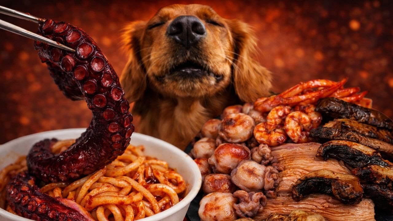 ASMR Mukbang ❤️Honey the Red Golden Eating Seafood, Octopus, Squid, Mushroom, Noodles