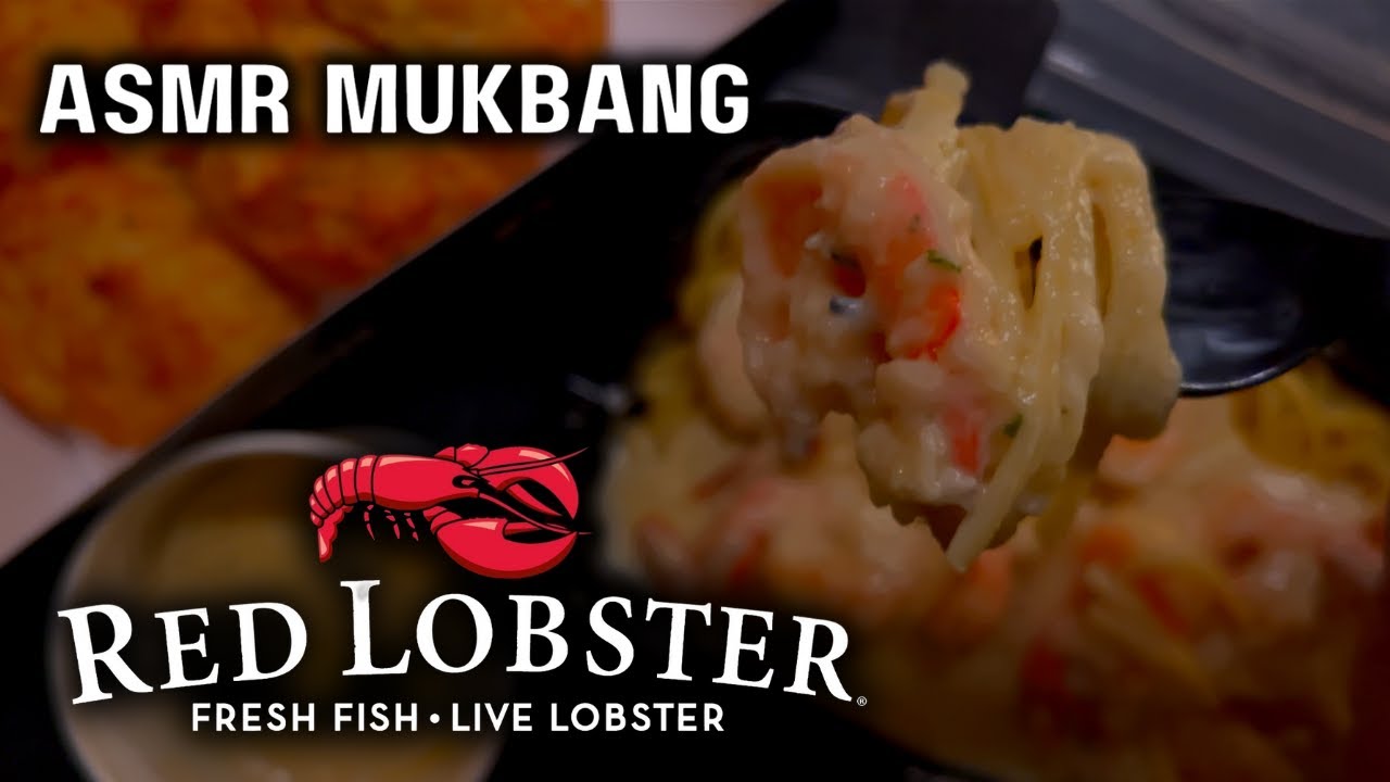 ASMR RED LOBSTER SHRIMP LINGUINE ALFREDO & CHEDDAR BAY BISCUITS MUKBANG EATING SOUNDS