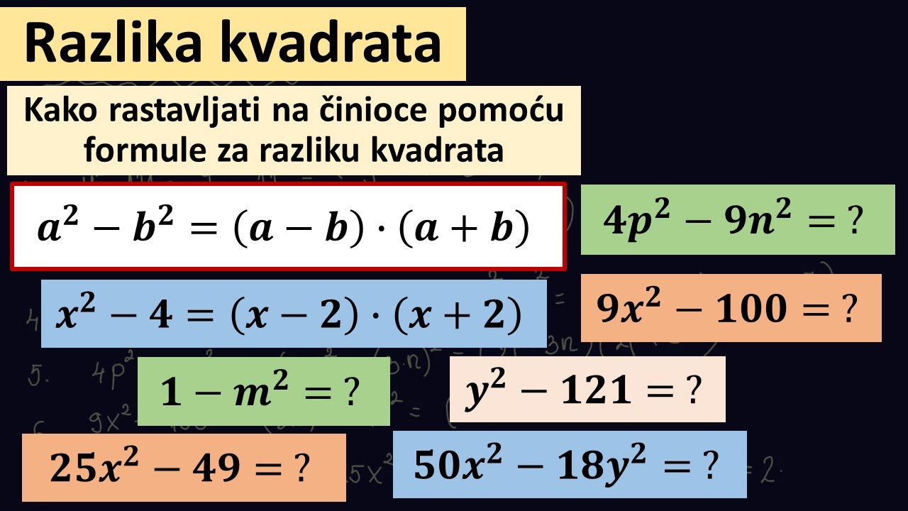 Kako se rešavaju zadaci sa razlikom kvadrata - rastavljanje na činioce rešeni zadaci