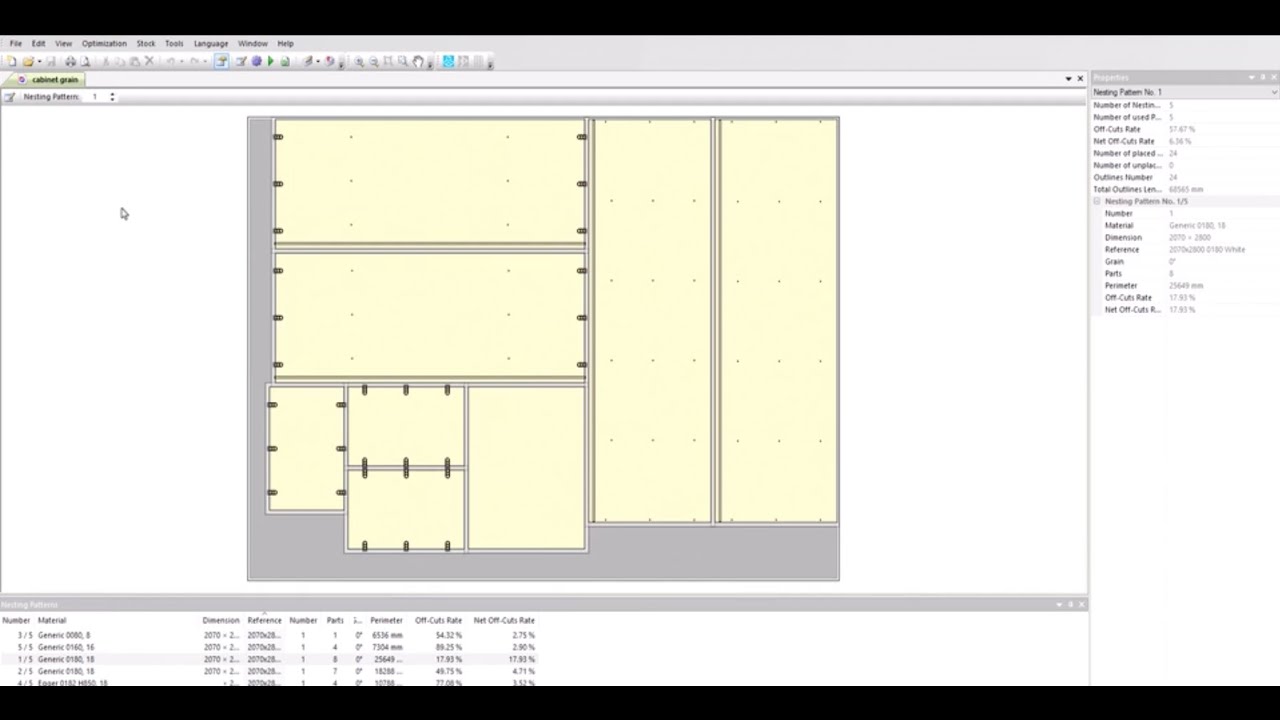 OptiNest nesting optimization of a cabinet created in PolyBoard