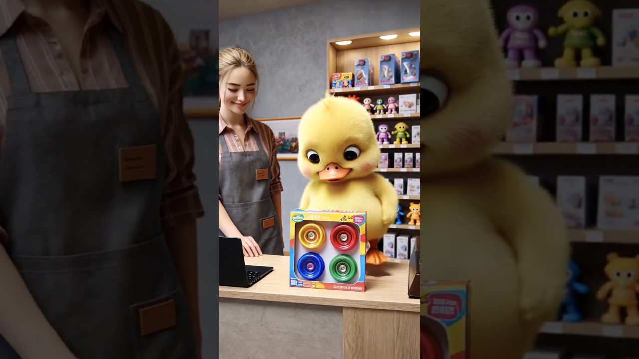 The little duck buys a yo-yo and goes home to play with its young owner。