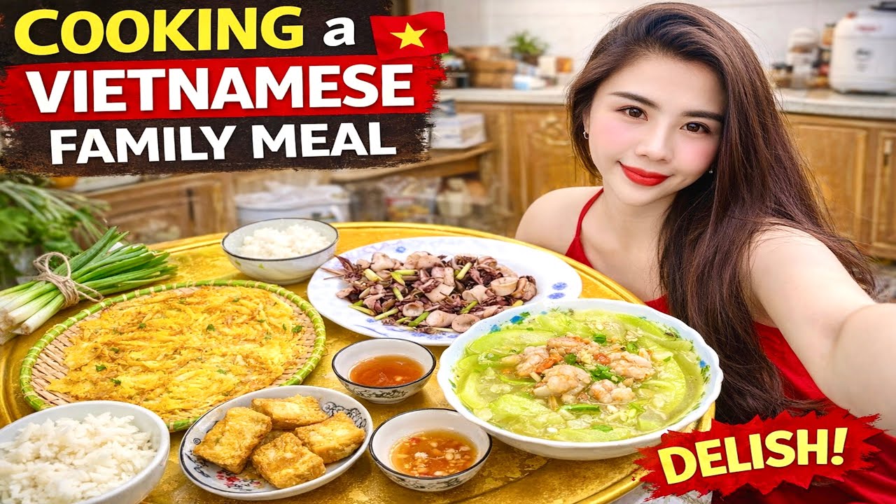 Vietnamese Home Cooking 🇻🇳 Simple Family Meal | Squid Stir Fry, Bottle Gourd Soup & Crispy Tofu