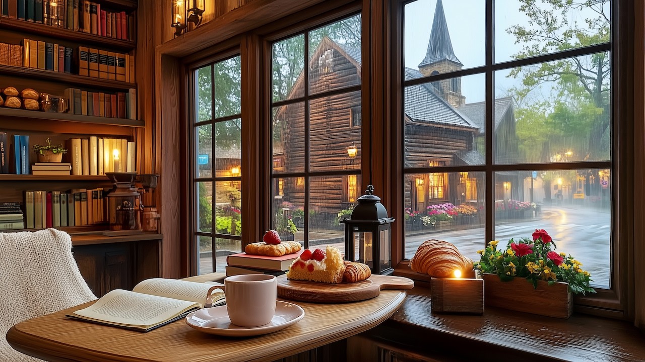Morning Rain Jazz Cafe 🌧️ Warm Piano Melodies in a Peaceful Village Setting