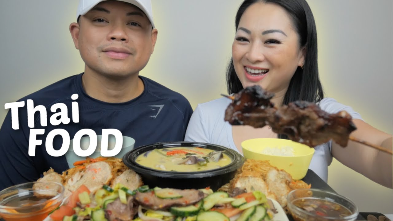 Thai FOOD Feast Mukbang *Stuffed Chicken, Green Curry, Pork Satay and Paid Thai | N.E Let's Eat