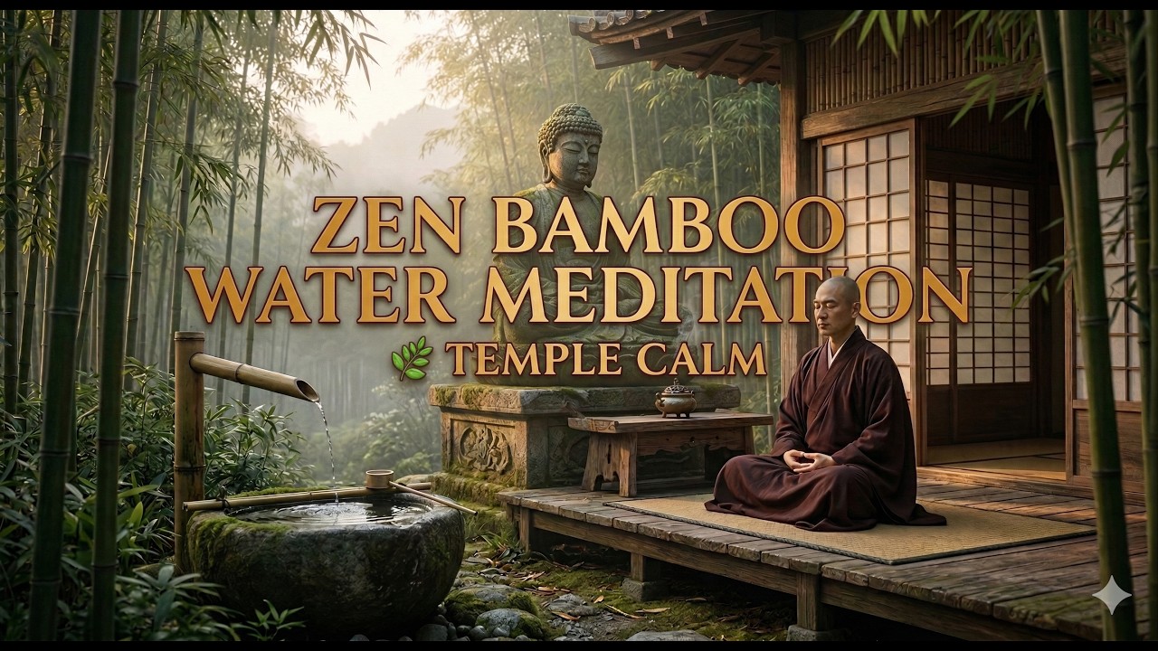 Zen Bamboo Water Temple 🌿 Buddha & Monk Meditation | Peaceful Mountain Calm
