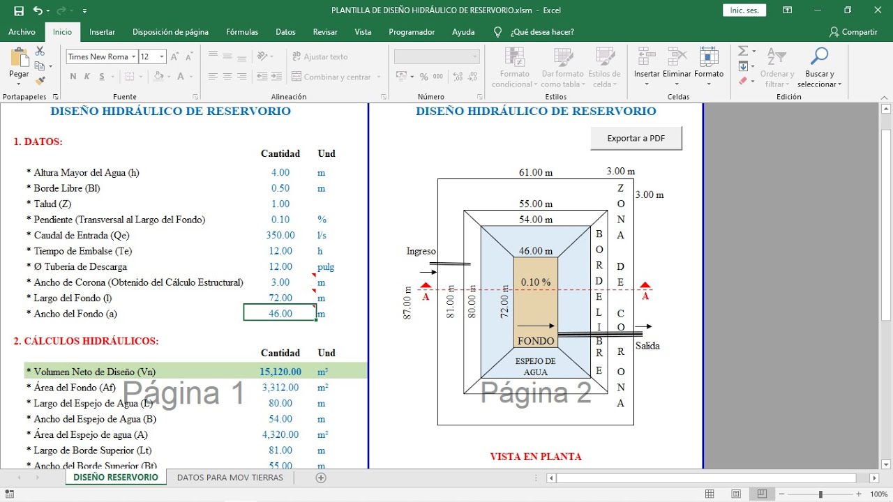 PLANTILLA PROFESIONAL PARA DISEÑO HIDRÁULICO DE RESERVORIOS EN EXCEL Y CIVIL 3D | PARTE (1/5)