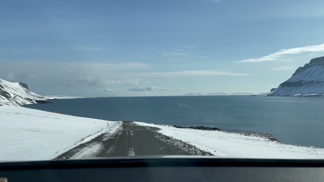 Driving the Westfjords of Iceland in winter, F68 towards Drangsnes, april 2022