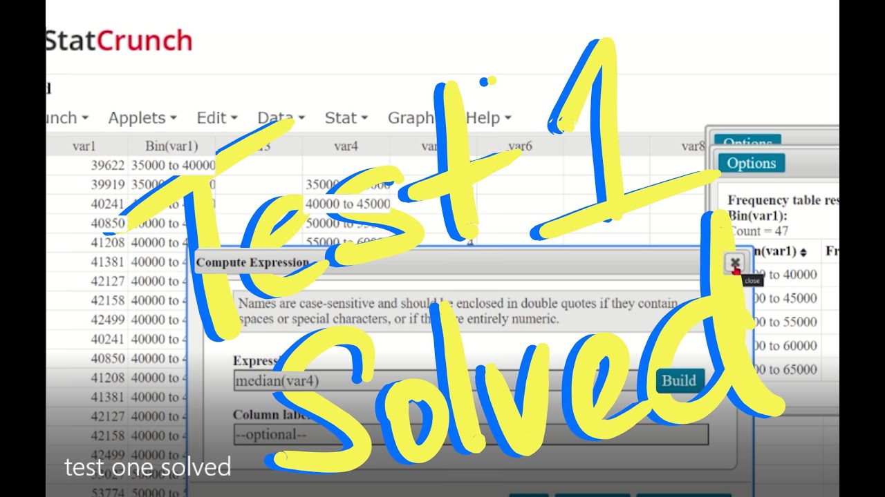 Descriptive Statistics Test Solved, Frequency Tables, Measures of Center and Dispersion