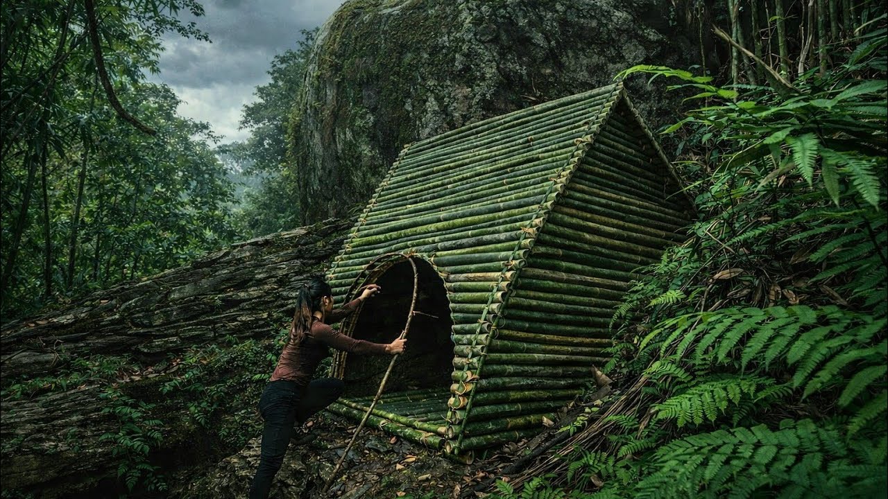 Build a shelter out of bamboo next to a cave.