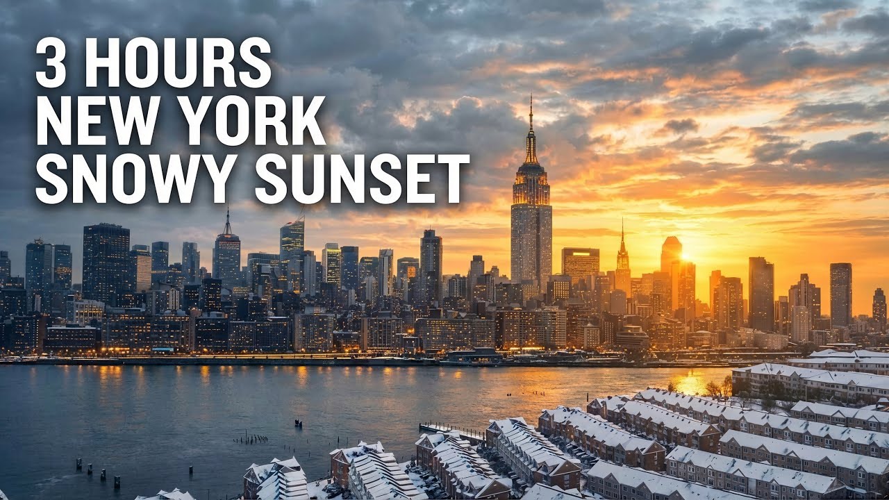 NEW YORK Skyline 4K — 1 Hour Snowy Sunset Ambience (Relax, Focus, Sleep)