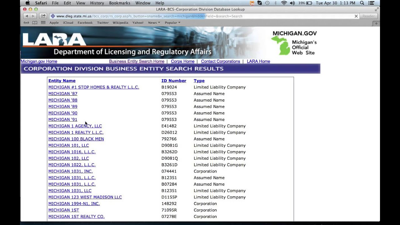 Michigan Secretary of State Business Search