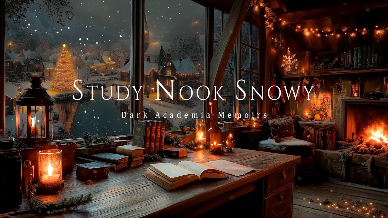 Foggy Window with Study Nook Above the Snowy Village | Fireplace Christmas Dark Academia Ambience