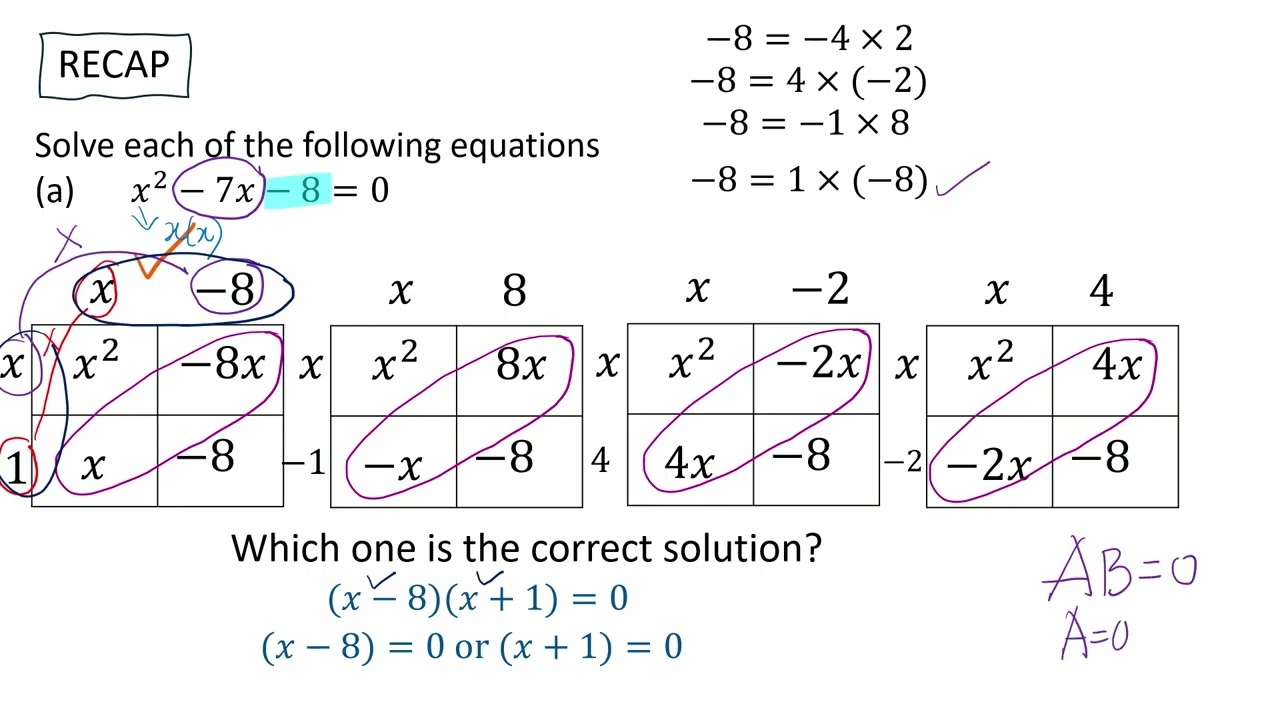 Solving quadratic equations using the 'box method' for factorisation