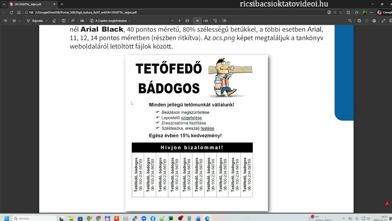 Digitális kultúra tk. 7. o. - Word - Tetőfedő, bádogos