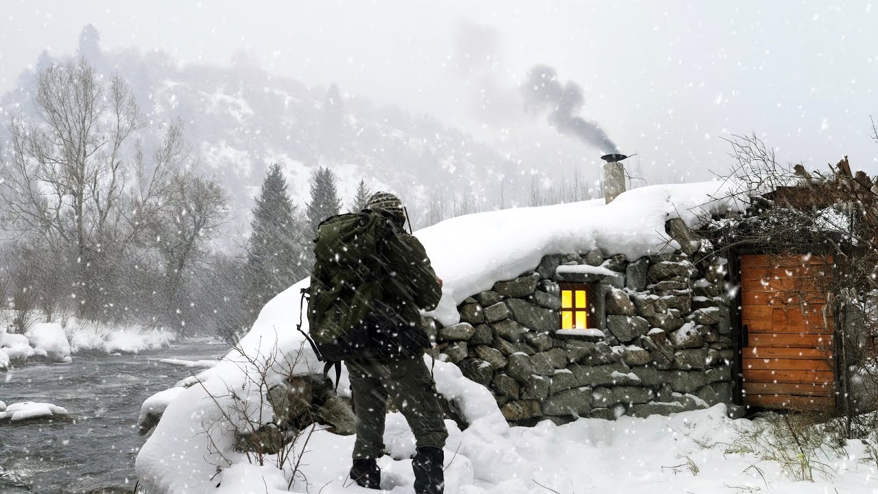 Blizzard Refuge: Stone Cabin on the Riverbank