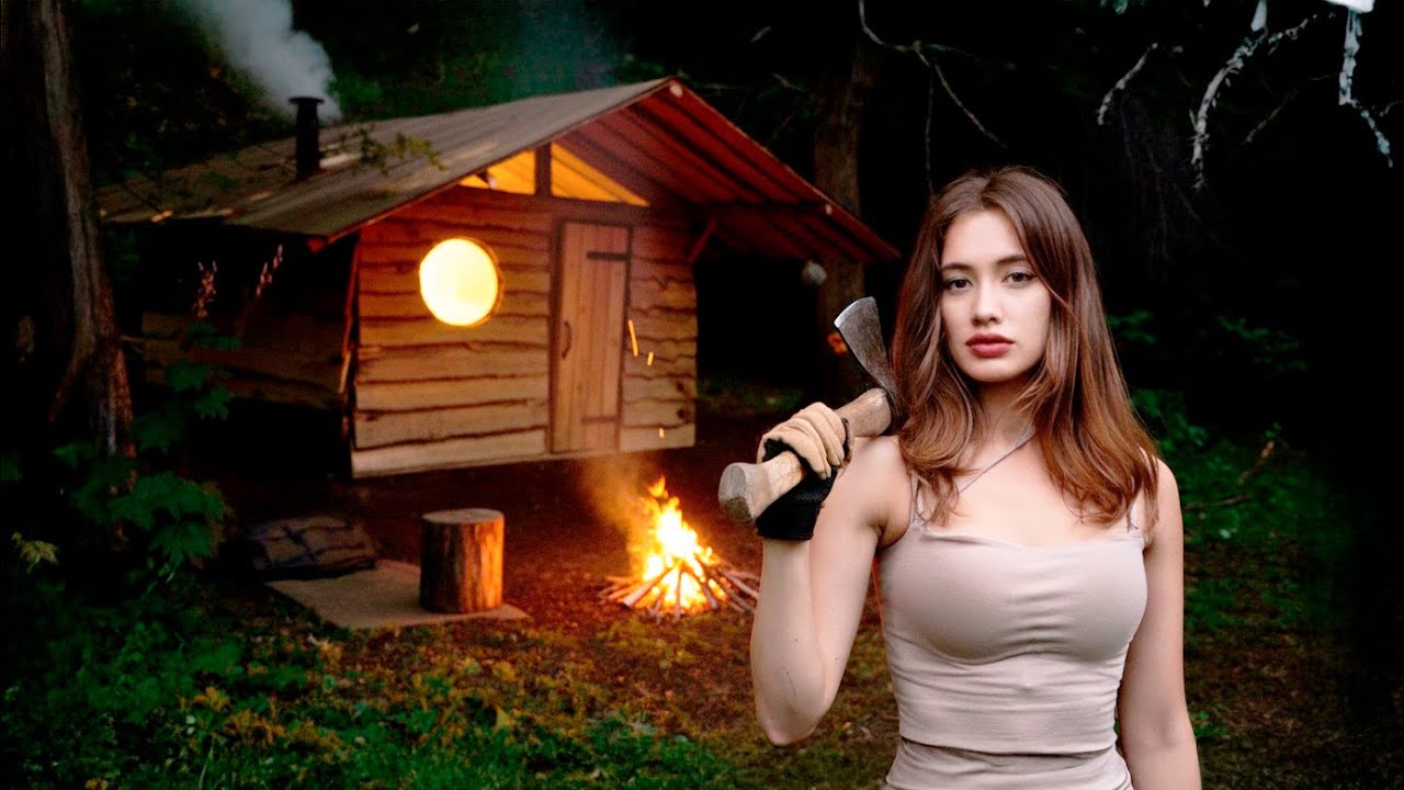 One Month Alone: She Builds a Log Cabin in the Wild | Wood Stove & Bed (ASMR)