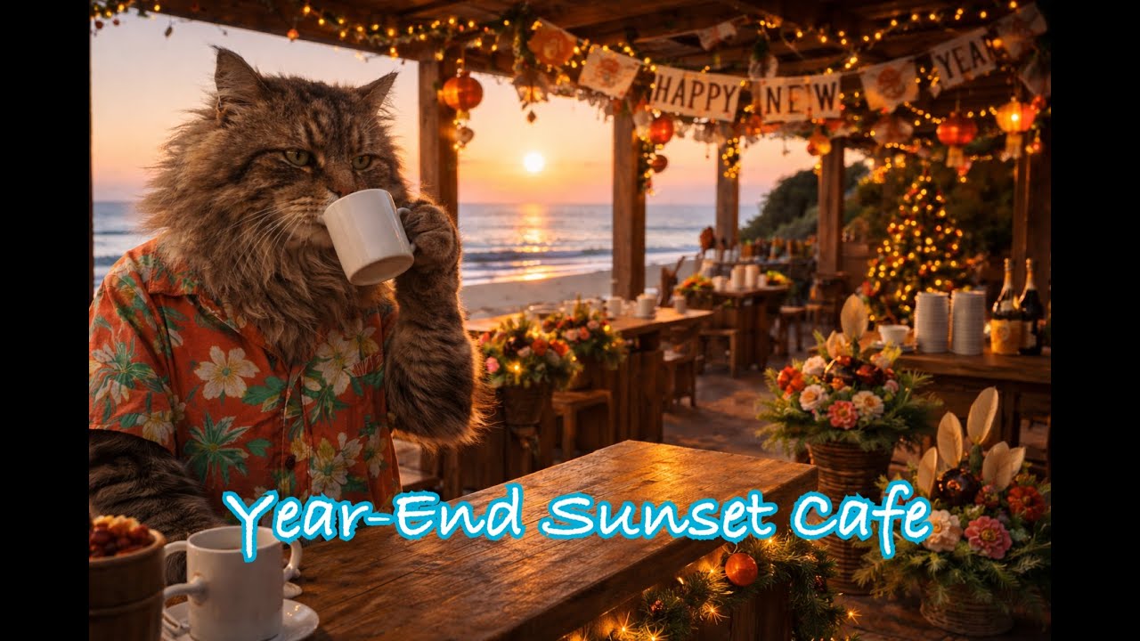 Year-End Sunset Cafe ☕🌊Relaxing Lofi Beats at a Seaside Café🐈