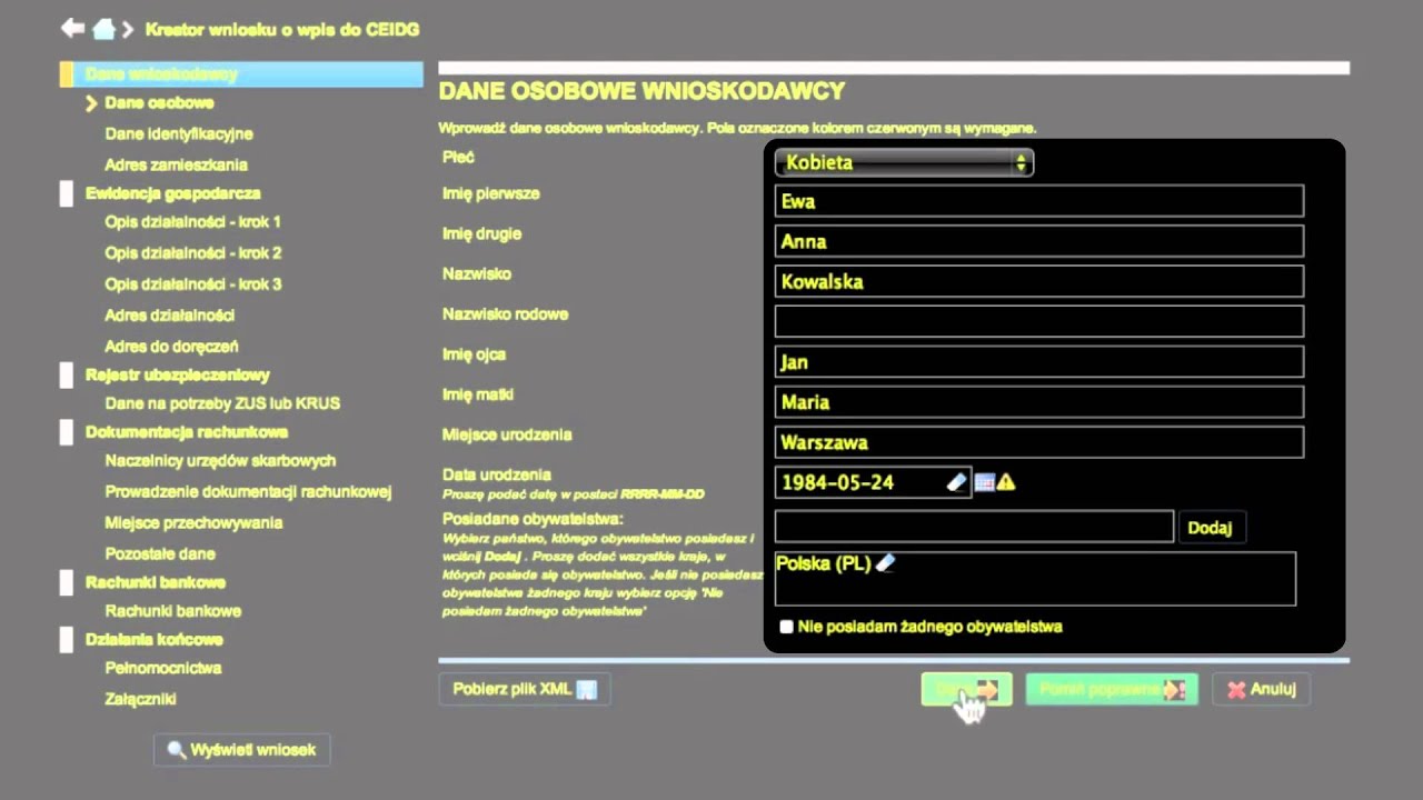Rejestracja firmy w CEIDG przy użyciu certyfikatu kwalifikowanego. Wersja dla osób niedowidzących