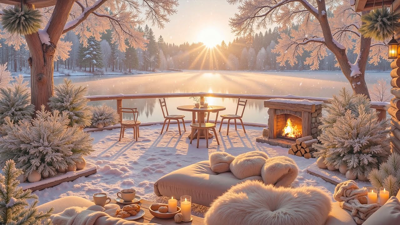 Winter Lakeside Cabin and Fireplace Ambience ❄️ Soft Piano Music for Relaxation, Study