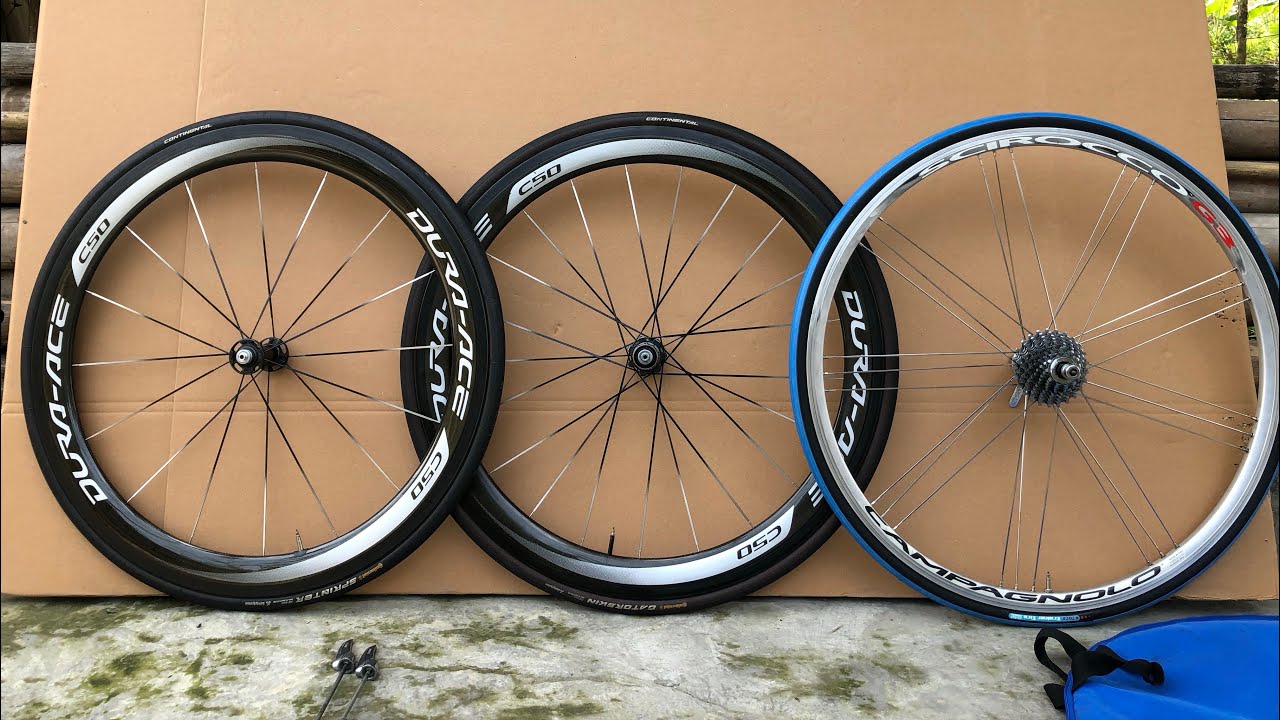 Bánh xe Carbon 5cm Dura Ace C50 WH-9000, lẻ bánh sau Campagnolo Siroco G3 kèm lip Campagnolo 10S
