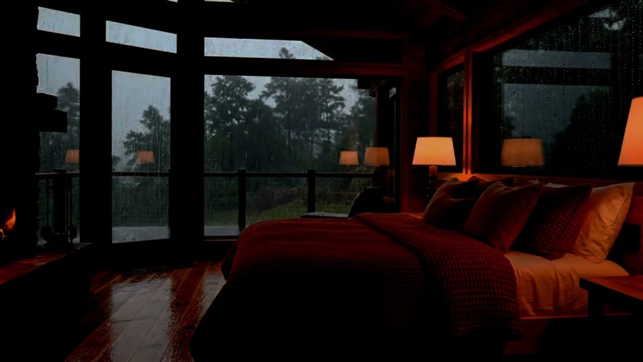 Rainy Night in a Wooden Cabin | Fireplace Ambience for Relaxing & Sleeping