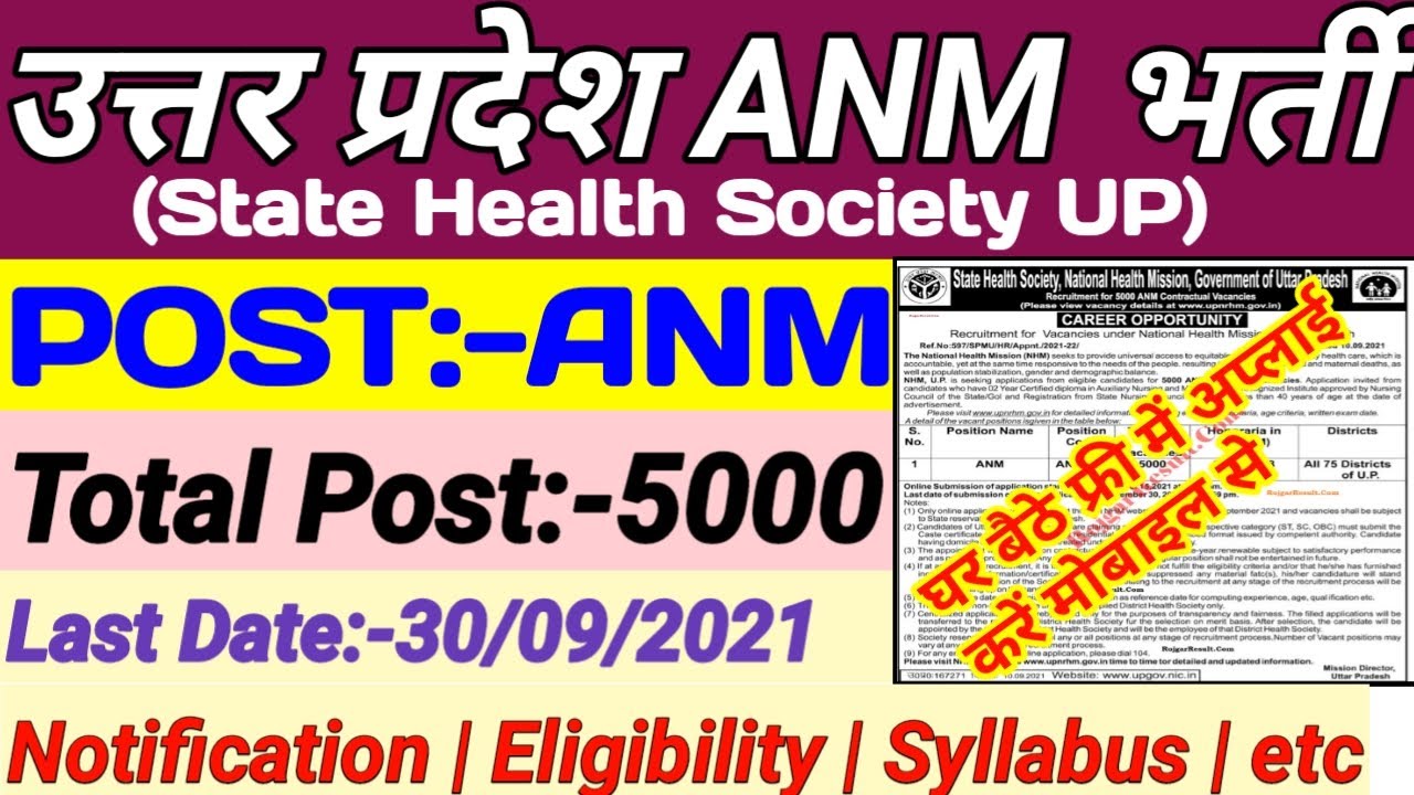 Uttar Pradesh ANM Recruitment 2021|| UP NHM ANM  Online Form 2021