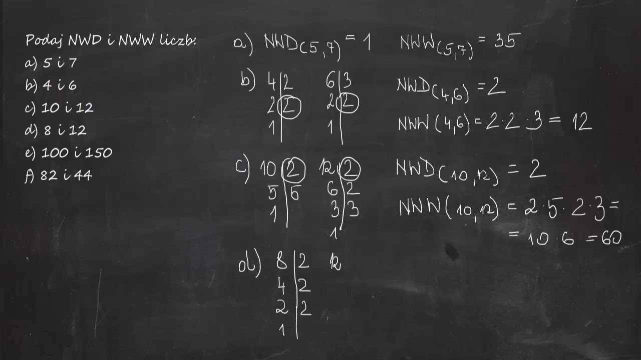 Podaj NWD i NWW liczb: a) 5 i 7b) 4 i 6c) 10 i 12d) 8 i 12e) 100 i 150f) 82 i 44