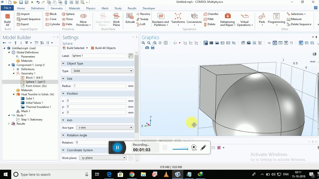 Basic comsol heat transfer between two different materials
