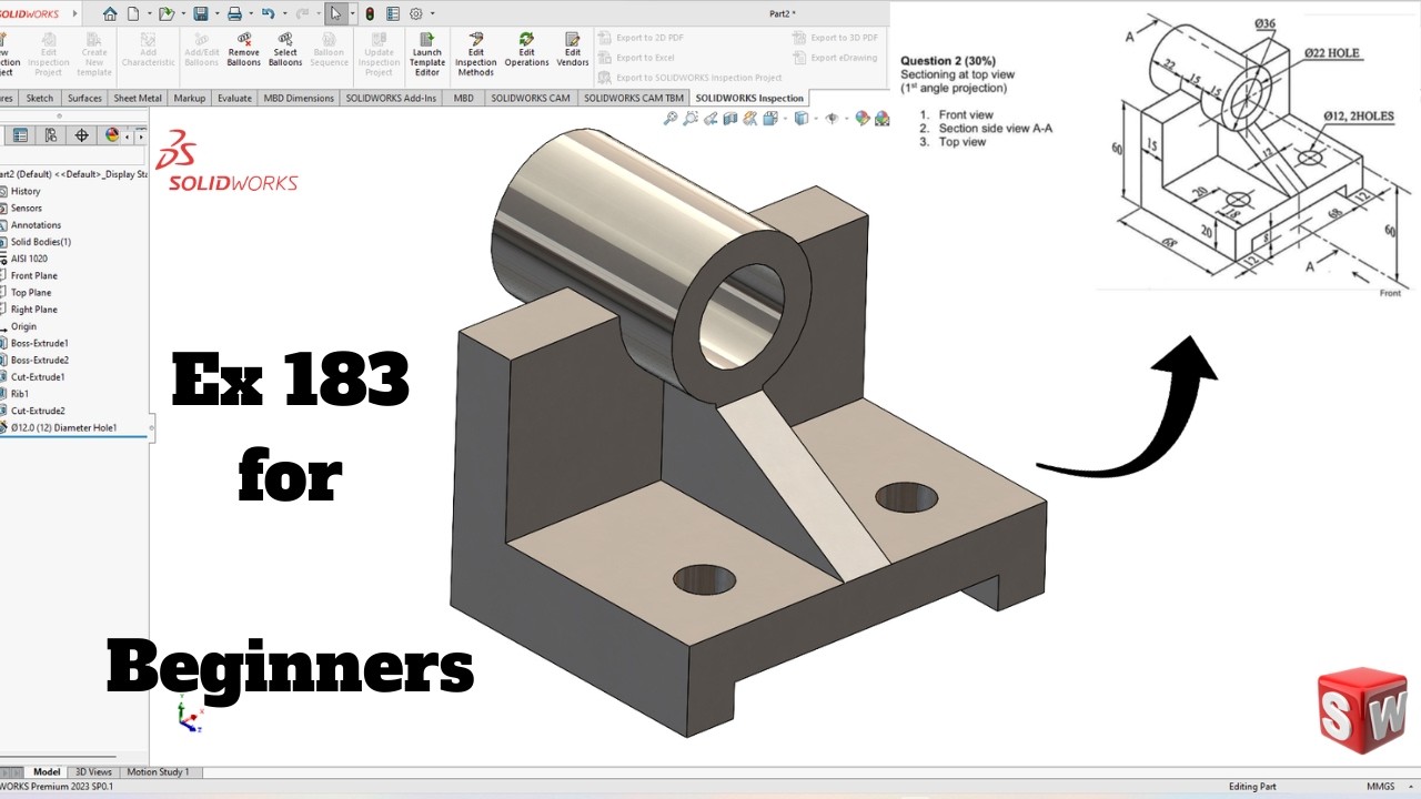 Exercise 183 for beginners SolidWorks Tutorial! SolidWorks Sectioning