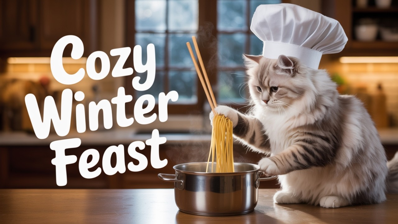 Rainy Winter Day with a Cozy AI Cat Family | Pasta & Calm Music