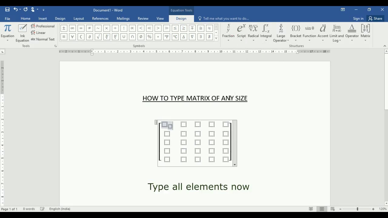 How to type large matrix in word 2016