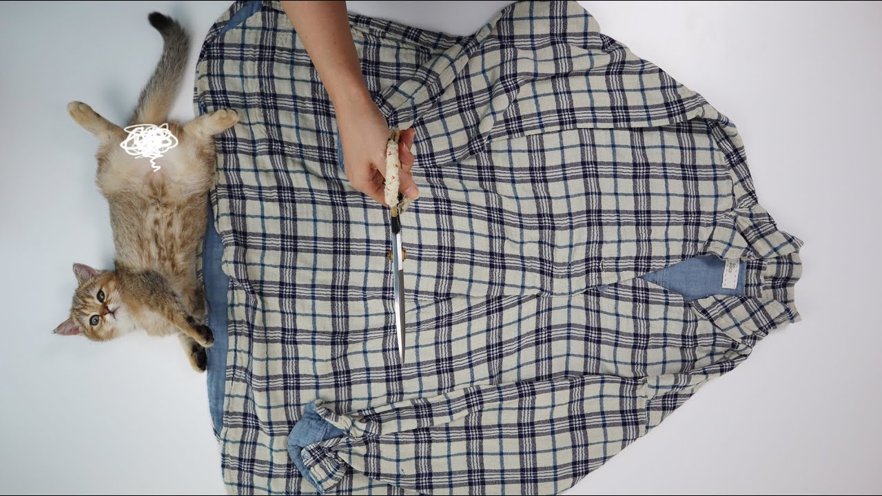 고양이와 함께 셔츠를 리폼해볼게요/Upcycling a shirt with a Cat/Refashion DIY/Thrift Flip/체크 셔츠 리폼하기