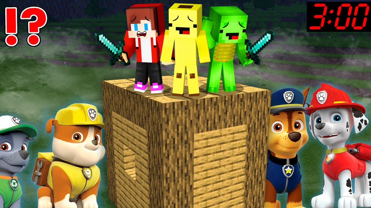 JJ and Mikey SURROUNDED by Puppies and Ryder from PAW PATROL Heroes in Minecraft Maizen!